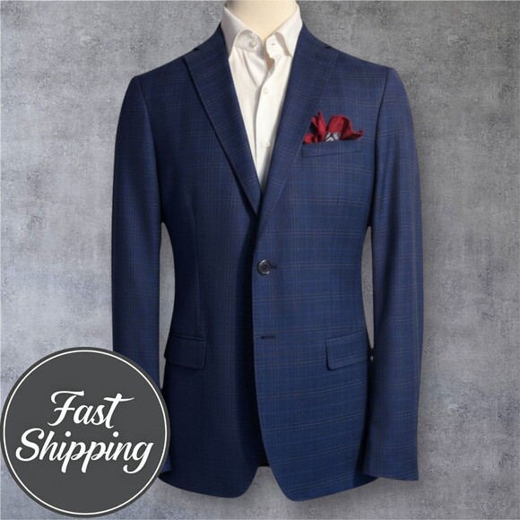 DKNY Mens Blazer 44L Navy/Blue Plaid WOOL Sport Coat 2-Button Jacket Windowpane - Picture 1 of 16
